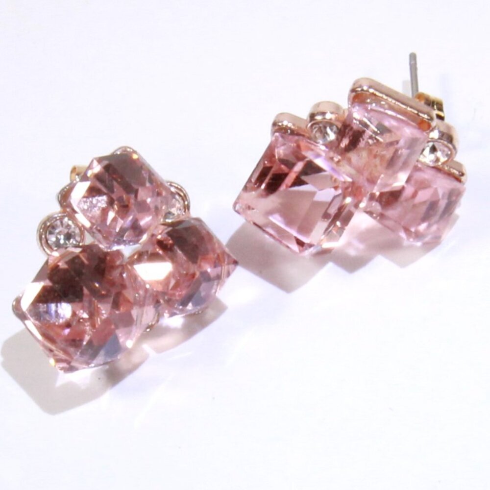 Pink Square Gold Tone Earrings with Clear Round Rhinestones